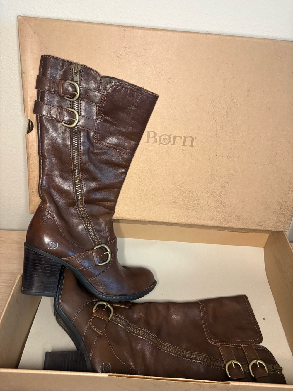 Born Brown Leather Mid-Calf Heeled Buckle Boots